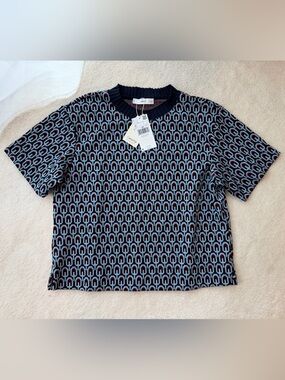 BNWT Mango Navy, Light Blue, Red Geometric Short-Sleeve Knit Top